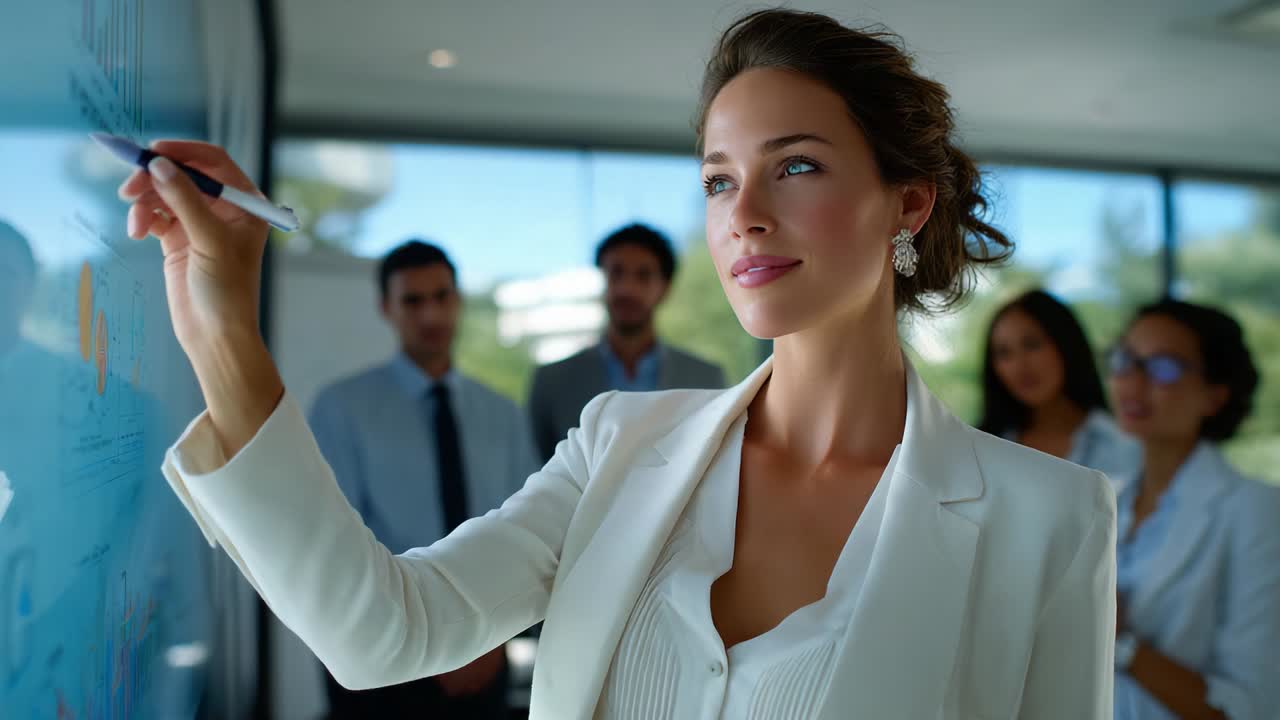 A Confident Businesswoman Strategically Presenting Ideas on a Glass Board to an Engaged Team in a Modern Office Setting, Demonstrating Leadership and Communication Skills for Success
