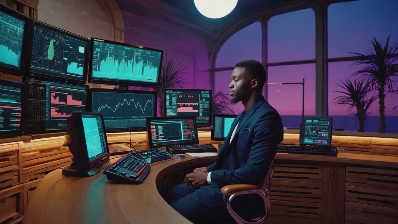 A trader analyzes financial data in a futuristic office