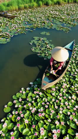 person harvesting water lilies in a boat