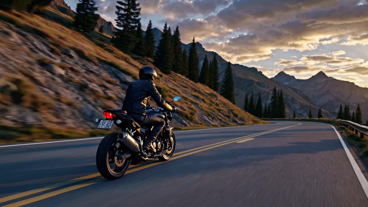 Dynamic low-angle shot of a motorcyclist on a scenic mountain road at sunset, capturing the essence