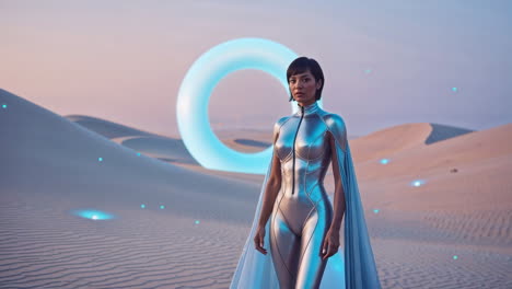 futuristic woman in metallic suit in a desert with glowing ring