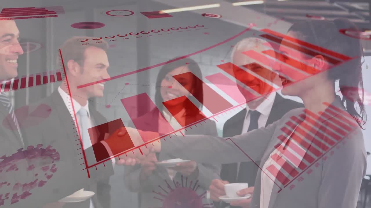 interfaz digital de coronavirus contra el hombre de negocios y la mujer de negocios que se dan la mano