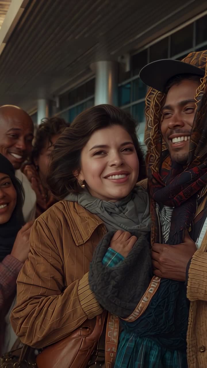 Vertical video: Smiling travelers hearing flight alert and laughing at gate, with travel jackets