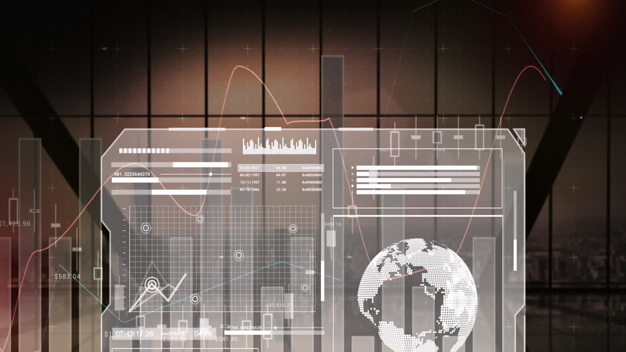 animación del procesamiento de datos financieros sobre el paisaje urbano
