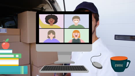 animación de pantalla de computadora y libros sobre feliz mensajero caucásico