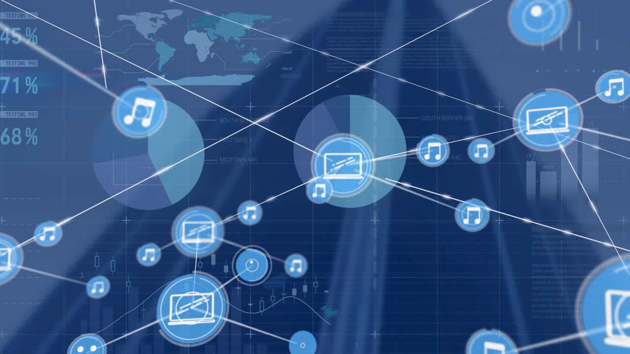 Animation of network of connections with digital icons statistics and data processing