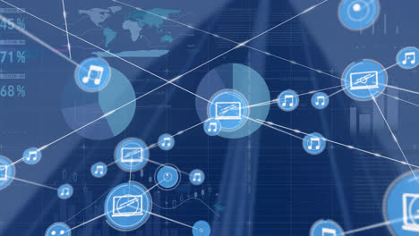 Animation-Eines-Verbindungsnetzwerks-Mit-Digitalen-Symbolen,-Statistik-Und-Datenverarbeitung