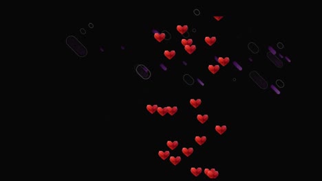 Animation-of-hearts-over-purple-lines-on-black-background