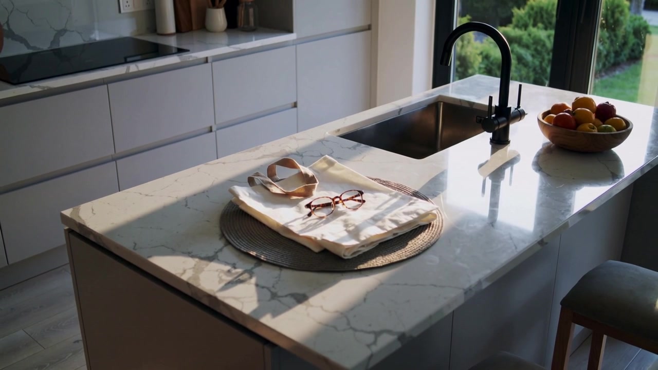 Sinar matahari bergeser menyinari pulau marmer di dapur modern, bayangan bergerak dan menunjukkan kacamata