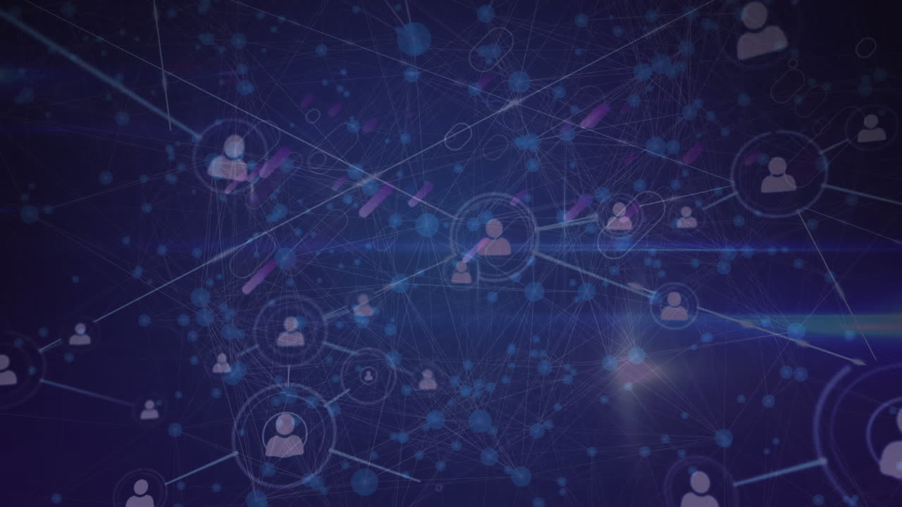 Animation of networks of connections and icons over line map on purple background