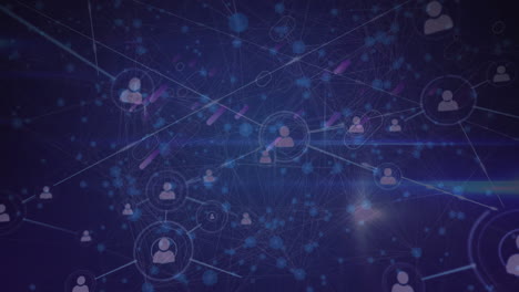 animation of networks of connections and icons over line map on purple background
