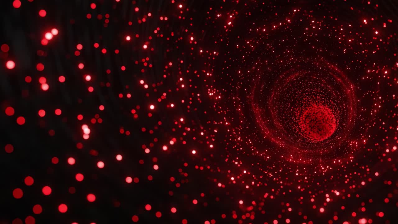 A mesmerizing visual journey through a swirling vortex of red light, showcasing a deep tunnel adorned with captivating sparkles and an ominous central core, evoking feelings of intrigue