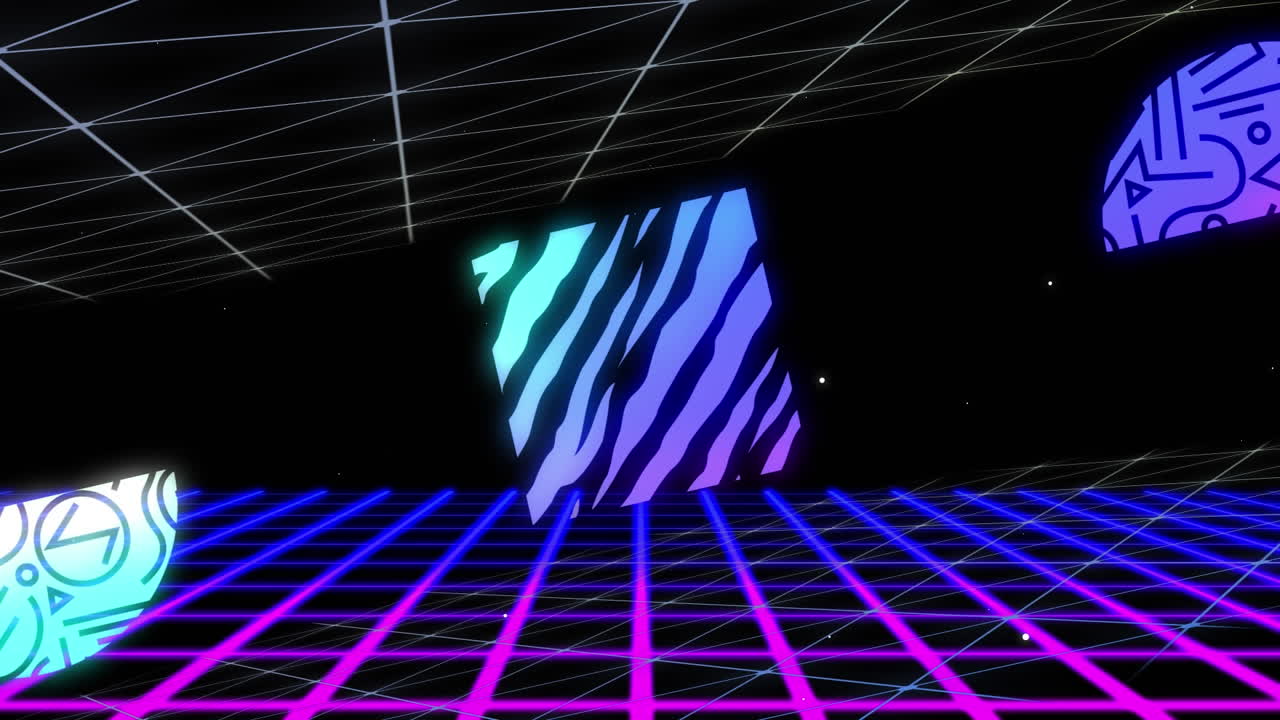 formas gráficas coloridas que se unen y se mueven sobre un fondo negro con una cuadrícula azul y rosa debajo