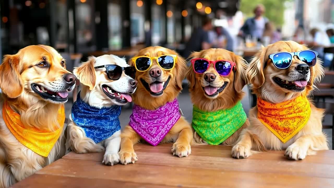 un grupo de cuatro perros con gafas de sol y bandanas sentados en una mesa