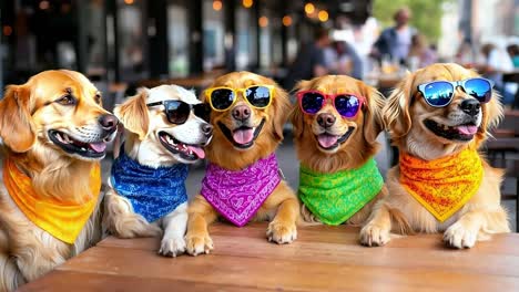 a group of four dogs wearing sunglasses and bandanas sitting at a table