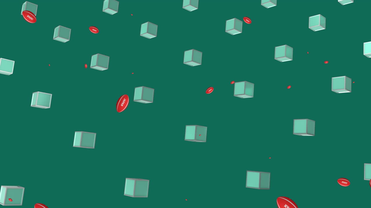 animación de una pelota de rugby con texto japonés sobre formas en fondo verde