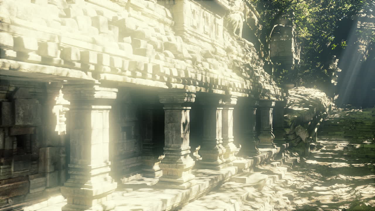 Serene archaeological site featuring mossy columns and ancient relics