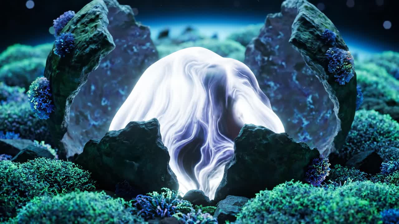 Glowing Sphere Surrounded by Moss and Rocks