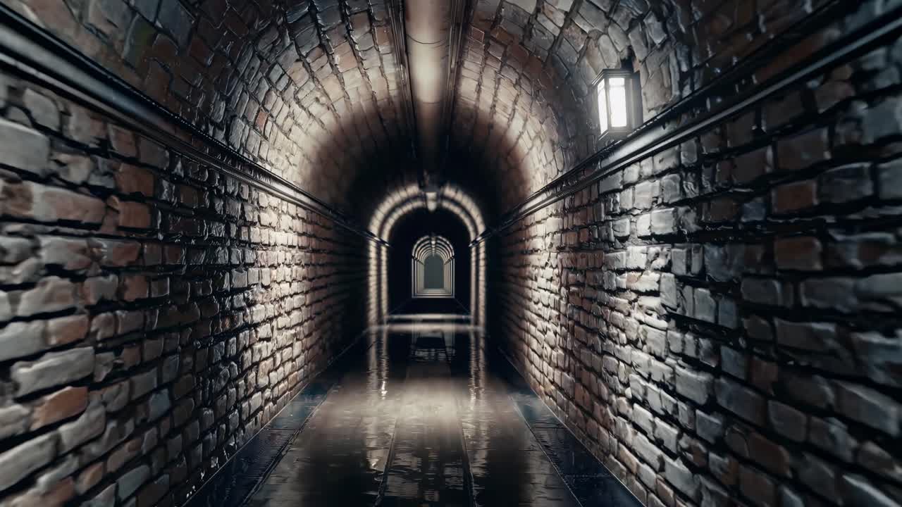 A dimly lit brick tunnel with a vanishing point perspective creates a mysterious atmosphere