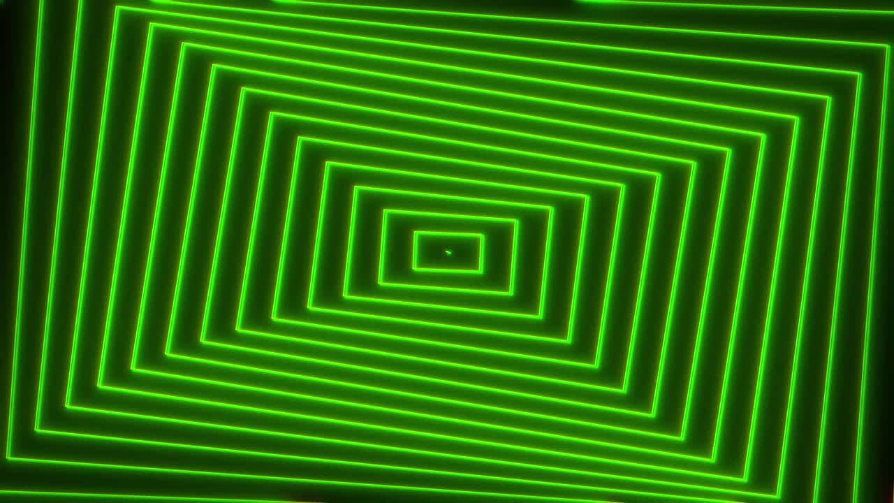 Sfondo verde ipnotizzante con grafica in movimento, caratterizzato da quadrati vibranti e luminosi che nascono continuamente da un punto focale centrale. Perfetto come sfondo dinamico per presentazioni e video musicali.