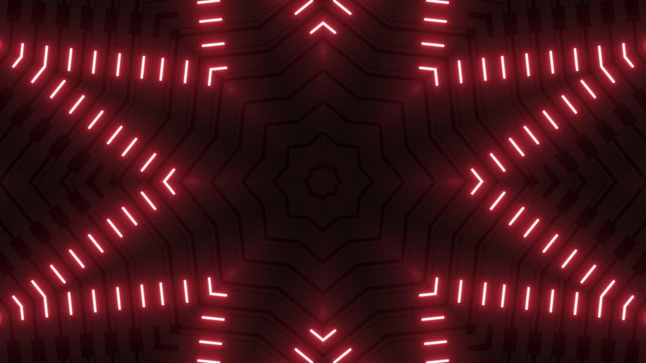 Design astratto a caleidoscopio con luci al neon rosse.