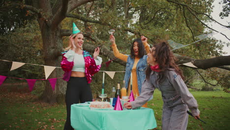 friends celebrating a birthday in a garden
