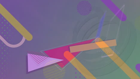 animación digital de formas abstractas coloridas que se mueven contra un fondo de gradiente verde y púrpura