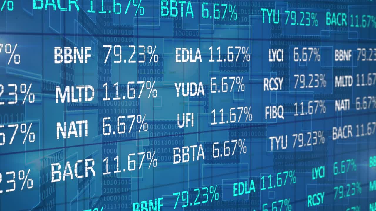 Animation of stock market and binary coding over blue background