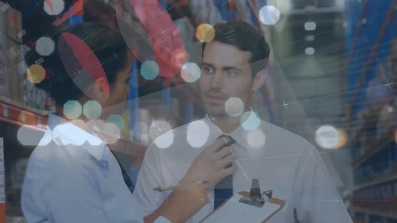 창고에서 일하는 사람들에 대한 금융 데이터 처리의 애니메이션