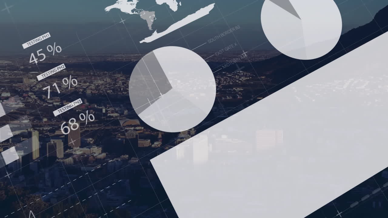 Aerial cityscape overlaying with clear pie chart and grid lines, featuring world map silhouette