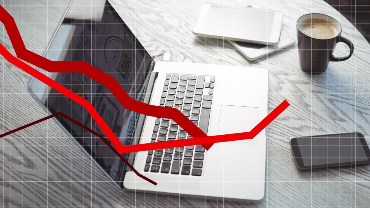 Red arrow appearing initiating line graphs arcing over laptop and grid for showing market trends
