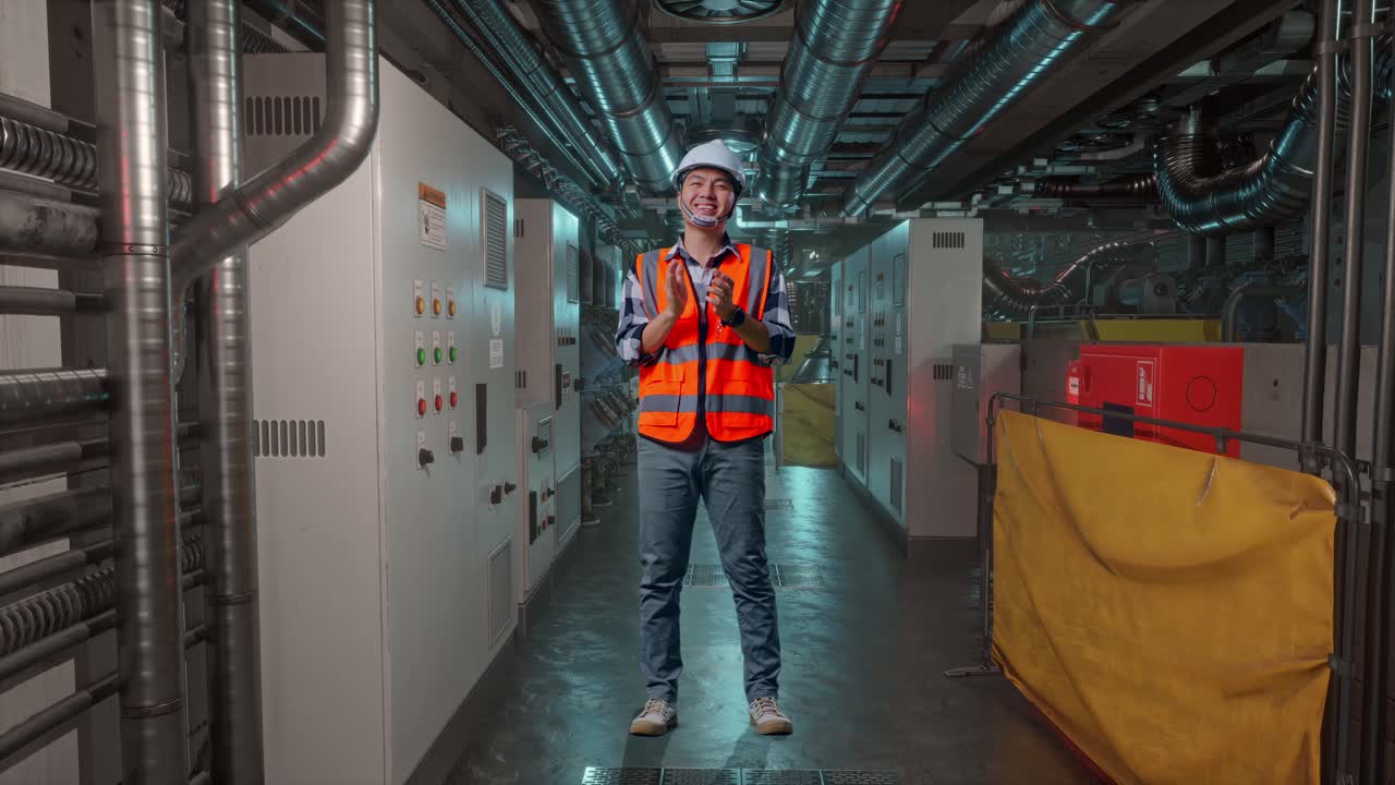 Full Body Of Asian Male Engineer With Safety Helmet Smiling And Clapping His Hands While Standing In Engine Control Room, Work Of Electrical Generators