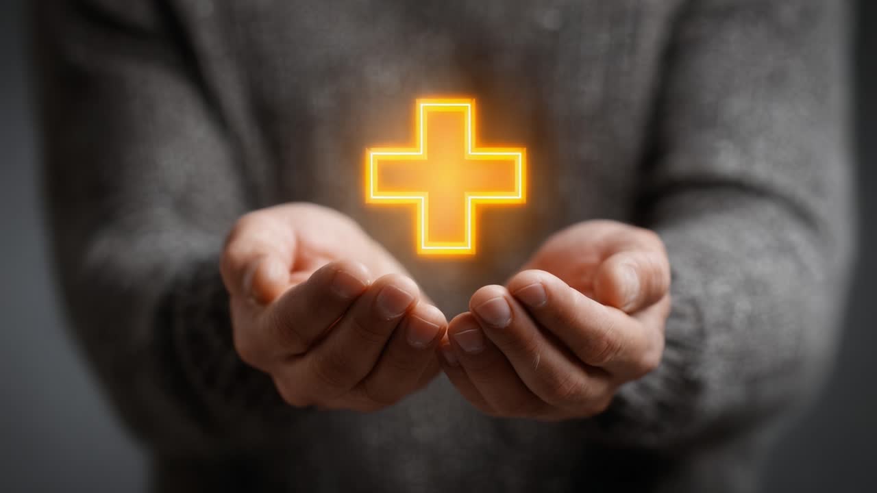 A Person's Hands Offering Assistance with a Glowing Medical Cross Symbolizing Care and Support in a Compassionate Gesture for Health and Well-being