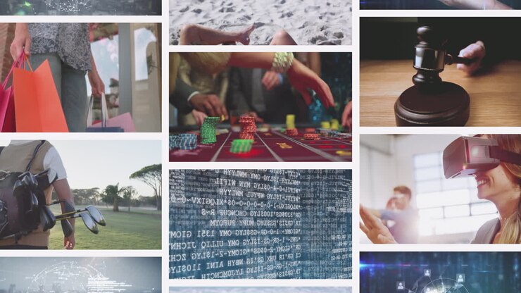 Nine composite screens, including data processing, vr, golf player, digital technology and gavel