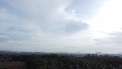 Shot-slightly-pan-tilts-upward-focusing-on-the-clouds-above-the-tropical-forest