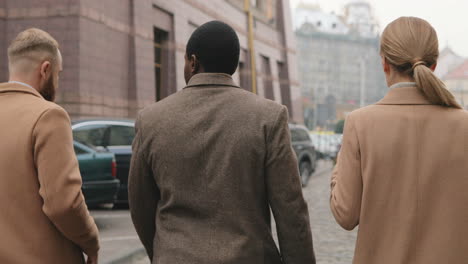 vista posteriore di due uomini d'affari caucasici e africani e di una donna d'affari caucasica che parlano del loro lavoro mentre camminano per strada