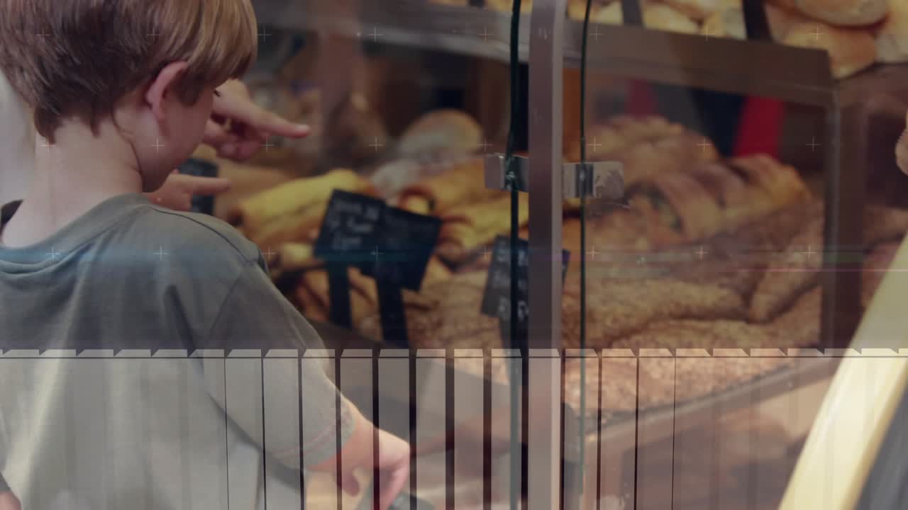 Pointing hand initiating kids peering at bakery pastries, woman leaning ordering overlays appearing