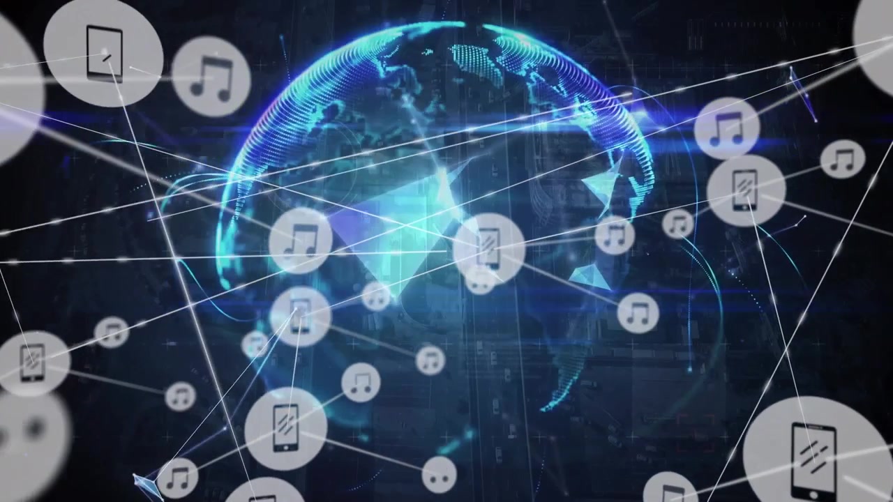 Animation of connected icons, geometric shape and globe against aerial view of city