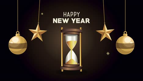 happy new year lettering animation with golden hourglass and balls