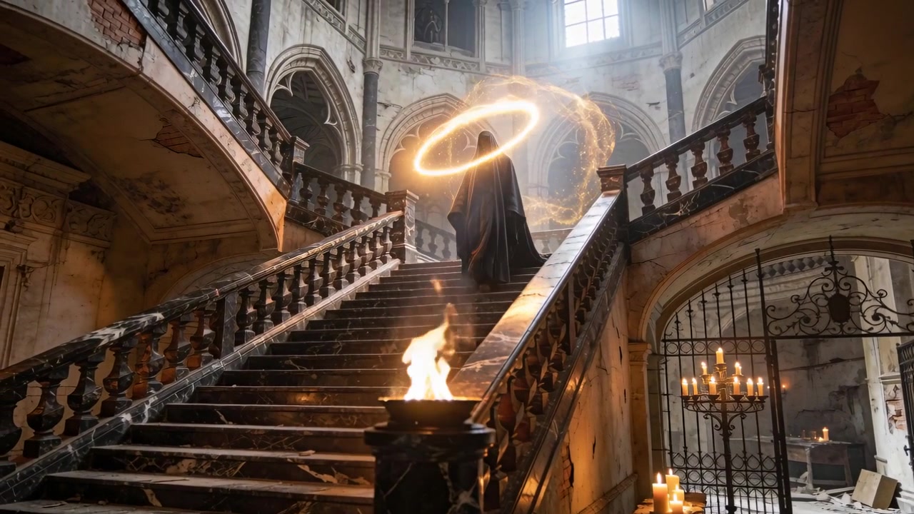 Un mistico incappucciato che sale una scalinata di cattedrale evoca un anello luminoso con un'aureola che si forma dietro la testa.