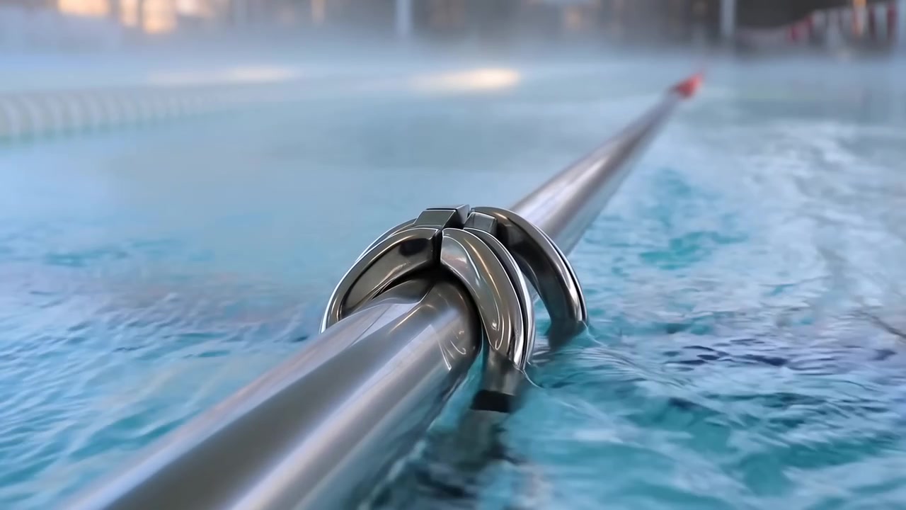 Al 50 percento del fotogramma, una ringhiera per piscina in acciaio inossidabile si estende lungo il bordo della piscina, fissata da un morsetto.