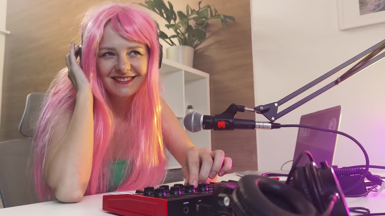 Donna podcaster che registra in home studio