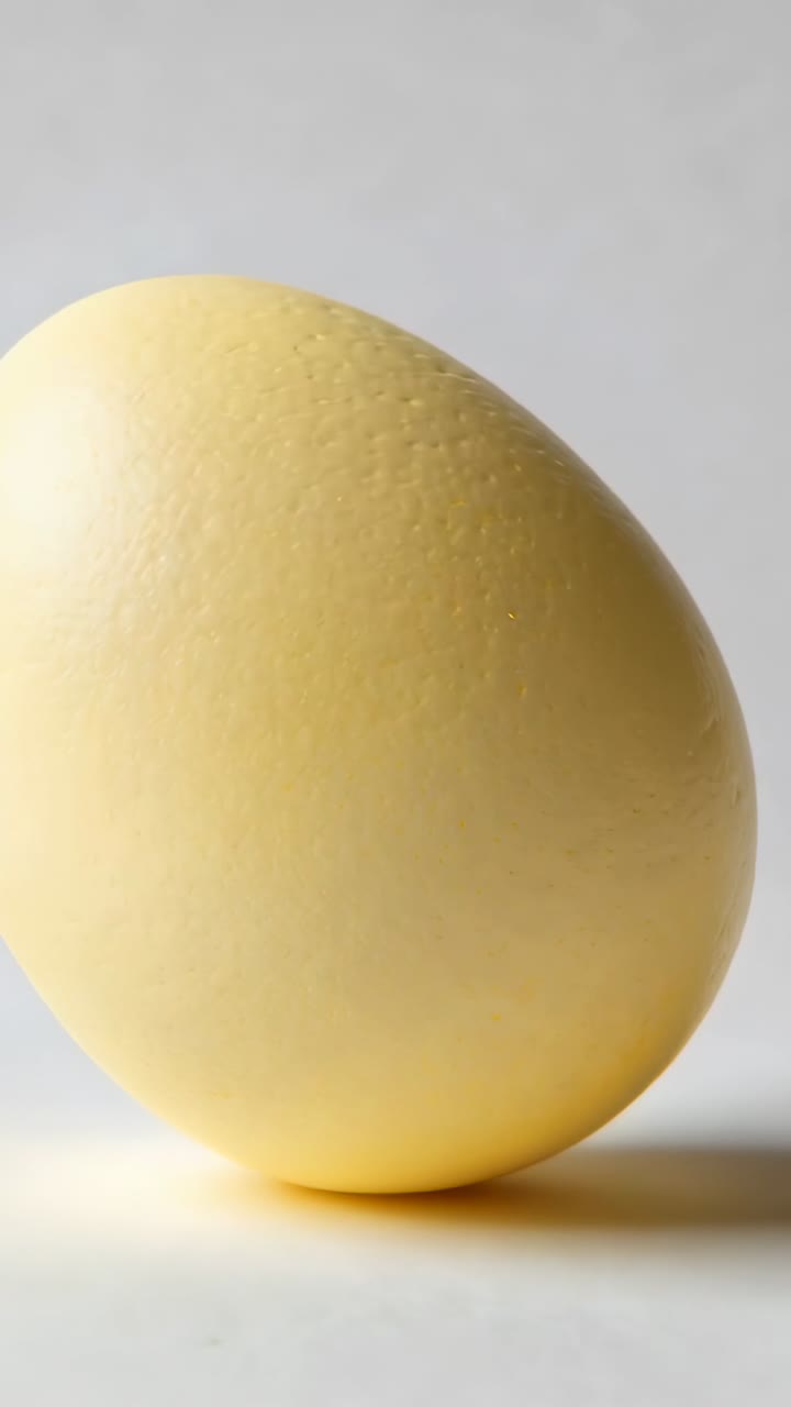 Vertical video: Tipping pale yellow egg rolling on pale tabletop, settling from gravity with shadow