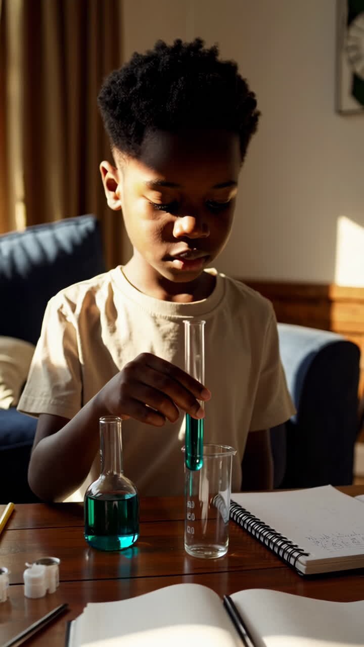 Young boy conducting a science experiment at home