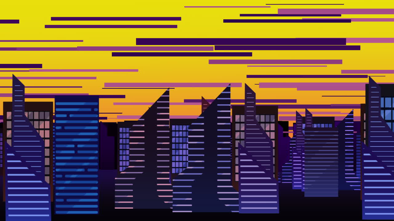 fondo de animación de dibujos animados con nubes de movimiento y edificios 10