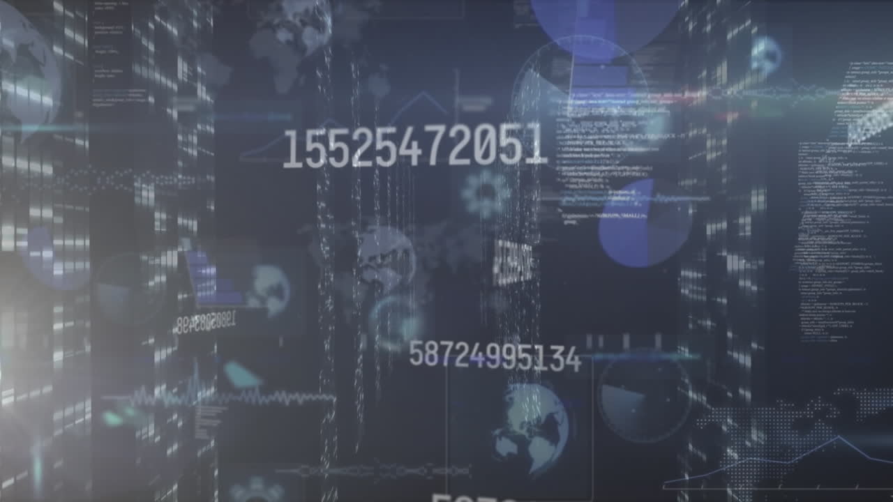 animación del procesamiento de datos y múltiples números cambiantes contra pantallas de cuadrados de mosaico.