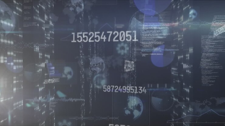 Animation of data processing and multiple changing numbers against screens of mosaic squares