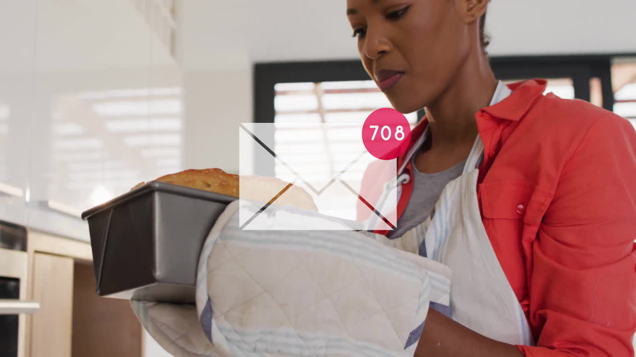 Woman baking bread at home with email notification animation overlay