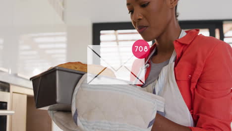 woman baking bread at home with email notification animation overlay