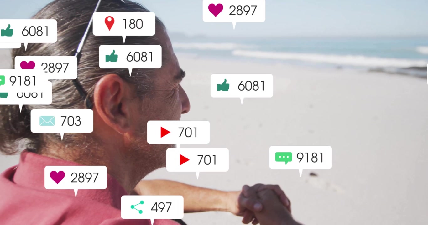 Beach couple holding hands causing social media notifications popping, growing receding over beach